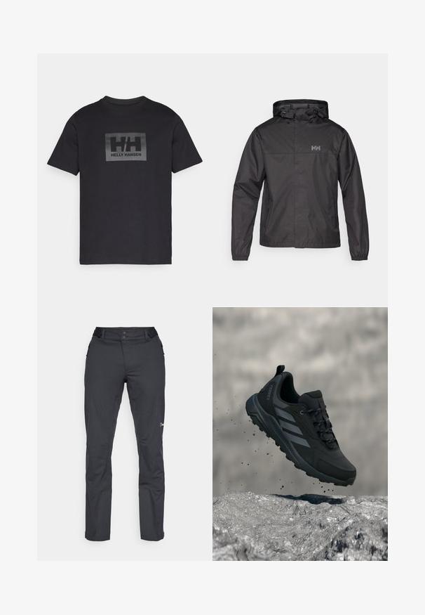 Veste imperméable noire avec capuche, poignets élastiques, deux poches latérales et un design minimaliste avec un petit logo sur la poitrine.; T-shirt en coton noir à manches courtes, arborant un logo rectangulaire gris au centre avec "HH" et "HELLY HANSEN" en dessous.; Berghaus RIDGE ROAMER - Pantalons outdoor - black; Chaussure de randonnée Adidas Terrex noire flottant au-dessus d'un sol rocailleux avec des particules de terre en suspension dans l'air autour.