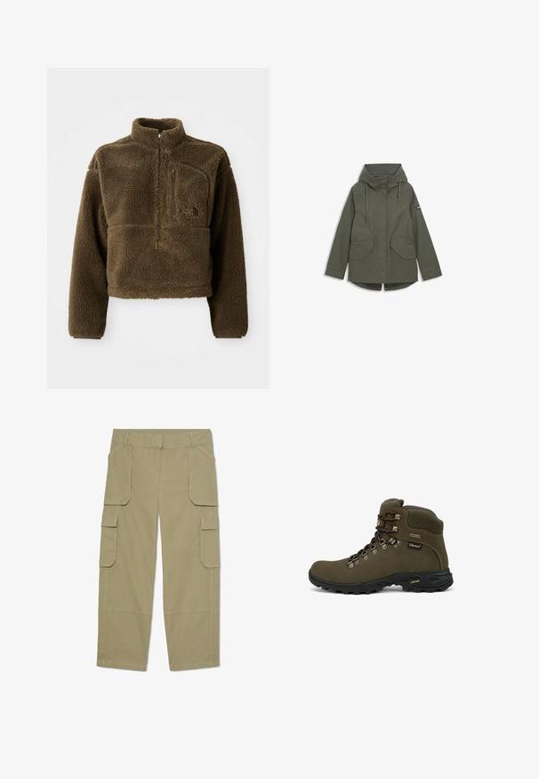 Parka de color verde oliva, con capucha, cierre frontal de botones a presión, dos grandes bolsillos laterales y cordones ajustables. Textura de tela suave.; Chaqueta de forro polar marrón con cuello alto, cierre de media cremallera en la parte delantera y un bolsillo en el pecho; cuenta con una tela texturizada y un logotipo en el frente.; Pantalones cargo caqui con múltiples bolsillos con solapa en la parte delantera y los laterales, diseño de pierna recta y trabillas en la cintura.; Bota de senderismo alta marrón con suela negra, ojales de metal, etiqueta Gore-Tex y cuello acolchado diseñada para uso al aire libre.