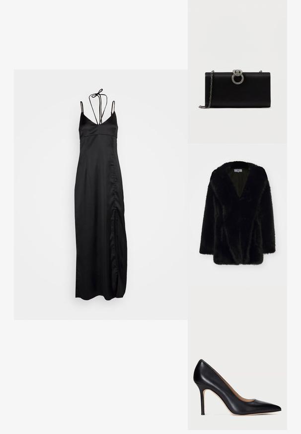 Sort kunstpels frakke med en dyb V-hals, blød tekstur, løs pasform og brede ærmer. Indvendigt er den foret med en ensfarvet mørk farve.; DESIGNERS REMIX LISBON DRESS - Cocktailkjole / festkjole - black; Sorte læder højhælede pumper med spids tå og en slank stiletto hæl. Den glatte tekstur og de minimale detaljer skaber et klassisk design.; Sort satin clutch taske med en sølvfarvet, cirkulær lukning prydet med rhinsten, har en aftagelig kædedesign.