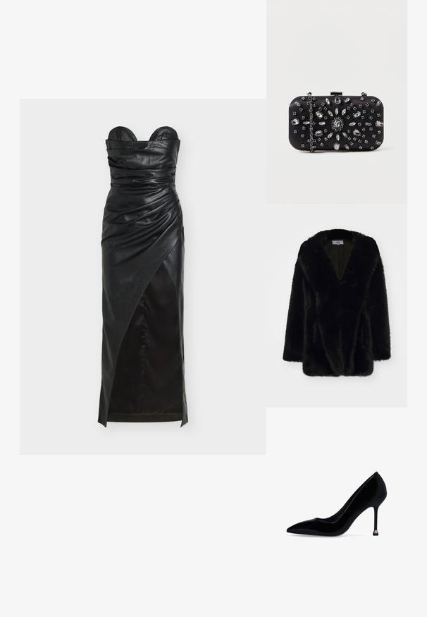 Manteau en fausse fourrure noire avec un décolleté en V profond, texture douce, coupe décontractée et manches larges. L'intérieur est doublé d'une couleur sombre unie.; Robe noire en cuir sans bretelles avec des détails froncés, un ourlet asymétrique et une texture lisse. Comprend un corsage structuré et une silhouette élégante.; Escarpin à talon haut en cuir verni noir avec pointe pointue et talon aiguille fin, doté d'une pointe métallique à la base du talon, sur fond blanc.; Pochette noire de forme rectangulaire, ornée de divers strass disposés en motifs floraux, dotée d'une chaîne en argent pour le transport.