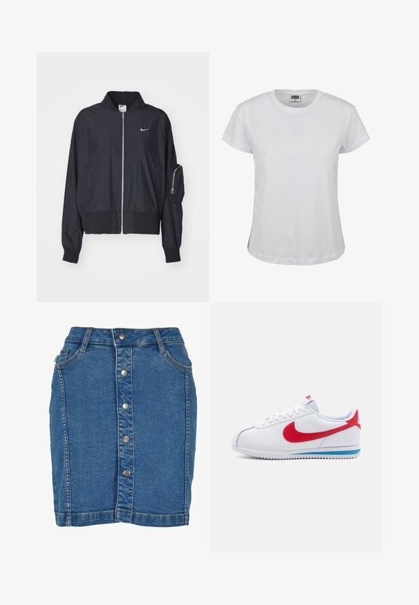 Sort bomberjakke lavet af letvægtsstof, med lynlås fortil, ribbede manchetter og en lynlåslomme på armen. Nike-logo på brystet.; Hvid bomulds T-shirt med klassisk rund halsudskæring, korte ærmer og lige kant. Har et mærke med "URBAN CLASSICS" i sort.; Denim nederdel med knaplukning foran, tætsiddende design, lys blå farve og diskrete syninger.; Hvide sneakers med en rød swoosh, blå detalje på sålen og hvide snørebånd. Tekstureret overdækning med stitched detaljer. Klassisk design.