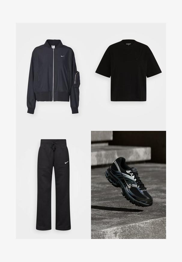 Sort bomberjakke lavet af letvægtsstof, med lynlås fortil, ribbede manchetter og en lynlåslomme på armen. Nike-logo på brystet.; Sort bomulds t-shirt med en afslappet pasform, korte ærmer, rund halsudskæring og en lille logodetalje på venstre bryst.; Sorte sweatpants lavet af en bomuldsblanding, med en snøre i taljen, lige ben og et hvidt Nike-logo på venstre side.; Sort og sølv Nike løbesko svævende over betontrappe, viser detaljeret design og tekstureret sål i udendørs omgivelser.