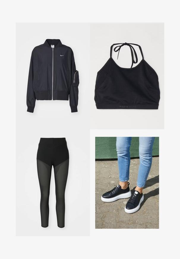 Sort bomberjakke lavet af letvægtsstof, med lynlås fortil, ribbede manchetter og en lynlåslomme på armen. Nike-logo på brystet.; Sort atletisk crop top lavet af strækbart stof. Har et bindebånd bagpå, en rund halsudskæring og et diskret logo langs kanten.; Sorte højtaljede leggings med semi-gennemsigtige meshpaneler på forlårene og underbenene, sømløst design, tætsiddende silhuet.; Sorte lædersneakers med hvide gummisåler, der har en glat overflade, rund tå og flade snørebånd. Båret med lyseblå jeans.