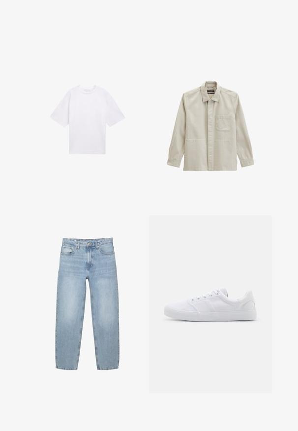 Beige casual jas met lange mouwen, voorvak op de borst, kraag en verborgen knopenlijst, plat gelegd op een witte achtergrond.; Witte T-shirt met korte mouwen van katoen. Ontspannen pasvorm met een ronde hals. Glad materiaal zonder zichtbare patronen of accenten.; Lichtblauwe denim jeans, losse pasvorm, hoge taille, ontwerp met vijf zakken, knoop- en ritssluiting, rechte pijpen met een licht uitgerafelde zoom.; Witte canvas sneakers met een rubberen zool, voorzien van zes oogjes, een gestructureerde neuskap en een minimalistisch ontwerp.