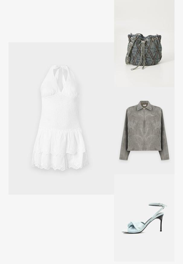 Grå jakke med lynlås foran, lange ærmer og spidse kraver. Har en subtil marmorering og et broderet logo på brystet.; Hvid halterneck-kjole med en smocket bodice og lagdelt nederdel. Har en scalloped kant og øjelet detaljer nederst. Blød bomuldsstruktur.; Lyseblå ruskindssandal med høj hæl, knyttet frontrem og tynd ankelrem med spænde på en sort stilethælhæl.; Denim spandabeltaske med diamant quiltet mønster, grå snøring, sølv hardware detaljer og blød tekstur, med en aftagelig rem.