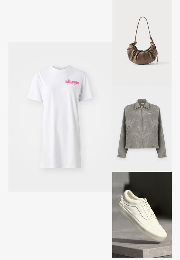 Grå jakke med lynlås foran, lange ærmer og spidse kraver. Har en subtil marmorering og et broderet logo på brystet.; Hvid kortærmet t-shirtkjole lavet af bomuld med rund halsudskæring og et pink "ellesse" logo på venstre brystområde.; Hvide sneakers med en tekstureret finish, udstyret med en polstret krave, snørelukning og små dekorative nitter langs siden nær sålen.; Brun lædertaske med et rynket design, blød tekstur, enkelt justerbart rem og en sølvaccent. Kompakt, rundet form.