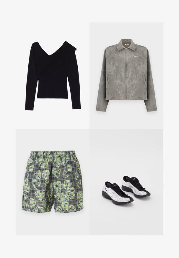 Grå jakke med lynlås foran, lange ærmer og spidse kraver. Har en subtil marmorering og et broderet logo på brystet.; Even&Odd Striktrøje - black; Shorts med elastisk talje i gråt ternet mønster og stort abstrakt blåt og grønt blomsterprint, vist på ensfarvet baggrund.; Nike sneakers med en perforeret hvid overdelt, sorte accenter, en rund tå og en tyk sort sål med grønne accenter.