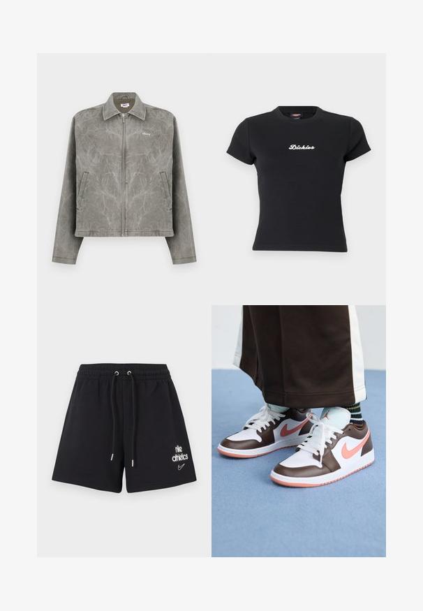 Veste grise avec une fermeture éclair à l'avant, manches longues et col pointu. Présente une texture marbrée subtile et un logo brodé sur la poitrine.; T-shirt noir ajusté à manches courtes avec logo "Dickies" blanc centré sur la poitrine et col rond.; Shorts de sport noirs en coton, dotés d'une ceinture élastique avec cordon de serrage et du logo Nike imprimé sur la cuisse gauche.; Baskets Nike Air Jordan blanches et brunes avec des accents roses, présentant un design basse, des lacets blancs et une semelle en caoutchouc texturée.
