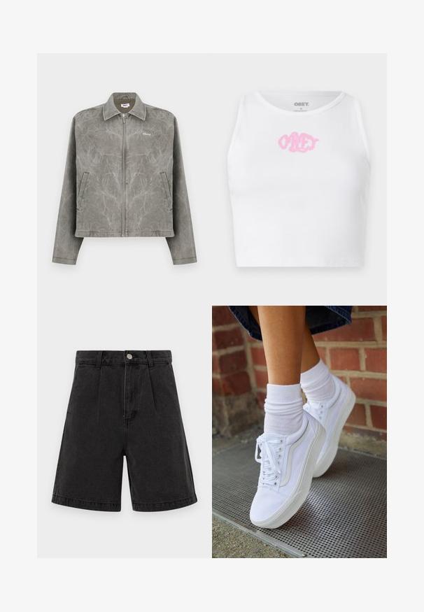 Grijze jack met een rits aan de voorkant, lange mouwen en een puntige kraag. Beschikt over een subtiele gemarmerde textuur en een geborduurd logo op de borst.; Witte geribde cropped top met een roze "OBEY" logo in het midden. Ontworpen met een ronde halslijn en zonder mouwen.; Zwarte denim shorts met een hoge taille, geplooide voorkant en omgeslagen zoom. Voorzien van een metalen knoop en rits sluiting. Egaal textuur.; Witte canvas sneakers met rubberen zolen, voorzien van zes vetertjes, een ronde neus en lichte stikdetails, gecombineerd met witte enkelsokken.