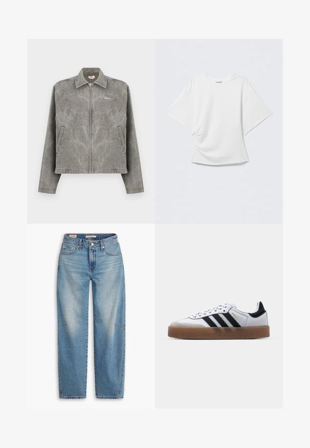 Chaqueta gris con cremallera frontal, mangas largas y cuello puntiagudo. Presenta una sutil textura veteada y un logo bordado en el pecho.; Camiseta blanca de manga corta y corte oversize con cuello redondo, con el frente ligeramente arrugado, exhibida sobre un fondo gris claro liso.; Jeans de mezclilla azul claro con un ajuste holgado, diseño de pierna recta, bragueta de botones y estilo de cinco bolsillos, con sutiles detalles de desteñido y costuras.; Zapatillas de cuero blancas con rayas negras, suela de goma, puntera redonda, cierre de cordones y caperuza de ante gris suave.