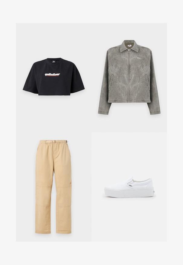 Grijze jack met een rits aan de voorkant, lange mouwen en een puntige kraag. Beschikt over een subtiele gemarmerde textuur en een geborduurd logo op de borst.; Zwarte crop top t-shirt, korte mouwen, gemaakt van katoen. Voorzijde toont het logo "Quiksilver Boarding Company" in wit en rood.; Beige katoenen broek met een ontspannen pasvorm, voorzien van een elastische tailleband, zijzakken en verstevigde stiksels bij de knieën voor duurzaamheid.; Witte Vans slip-on sneaker met dikke zool en subtiele logo-tag aan de zijkant, getoond in profiel tegen een effen lichte achtergrond.