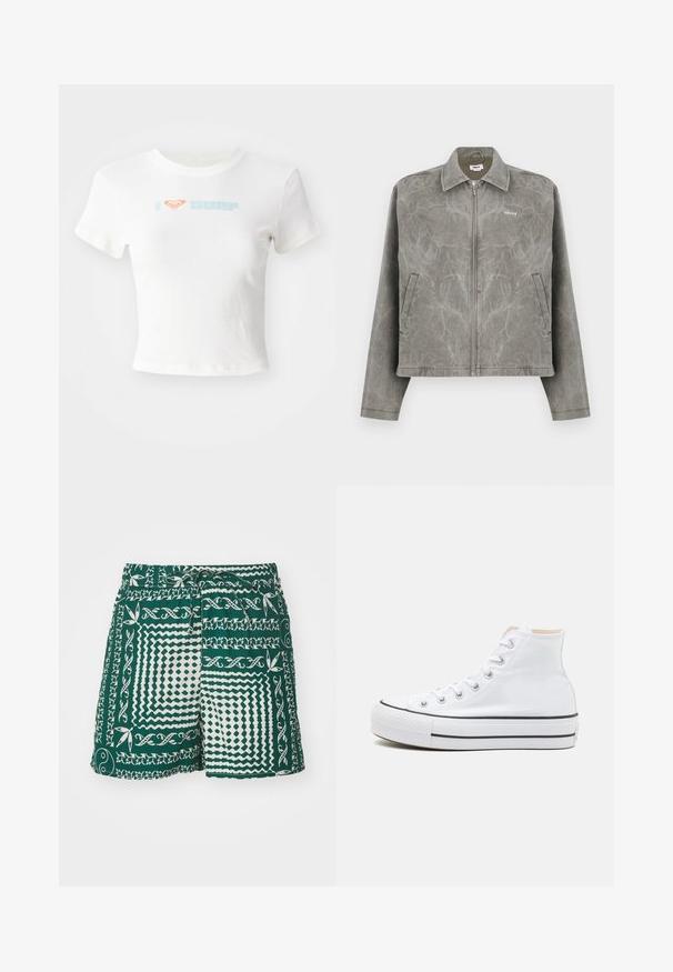 Grijze jack met een rits aan de voorkant, lange mouwen en een puntige kraag. Beschikt over een subtiele gemarmerde textuur en een geborduurd logo op de borst.; Witte cropped T-shirt van katoen, met een oranje hartje en "SURF" in lichtblauwe print op de voorkant. Korte mouwen, ronde hals.; Groene shorts met witte patronen, waaronder geometrische vormen en bloemmotieven. Voorzien van een trekkoord in de taille en een ontspannen pasvorm.; Witte hoge sneakers van canvasmateriaal, zwarte rubberen zool en contrasterende zwarte streep op de tussenzool. Circulaire neus en vetersluiting.