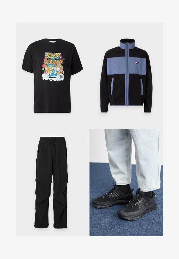Veste en polaire avec col montant, présentant un corps noir et des sections supérieures bleu clair, fermeture éclair et deux poches latérales.; T-shirt noir avec un motif cartoon coloré featuring Bugs Bunny et le texte "Ne prends pas la vie trop au sérieux" dans des polices et styles variés.; Pantalons légers noirs avec une taille élastique et un cordon de serrage ajustable. Dotés de poches latérales et d'une coupe ample pour le confort.; Des chaussures de sport noires avec un tissu texturé et des semelles en caoutchouc, dotées de lacets élastiques et d'un accent bleu au talon. Portées avec un pantalon en denim clair.