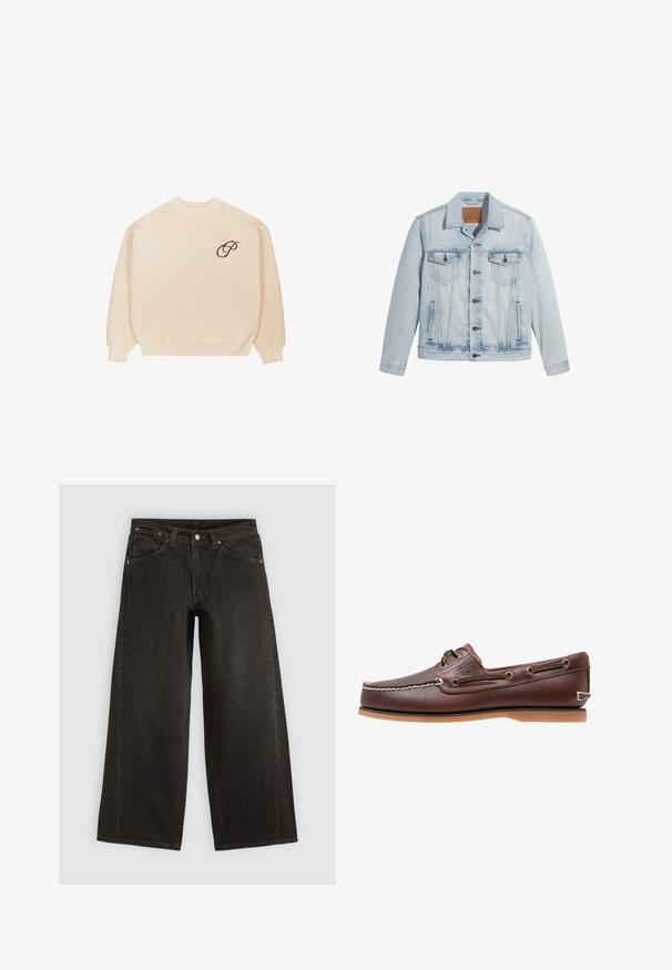 Lyseblå denimjakke med knaplukning, to brystlommer og klassisk krave. Slidte detaljer og en let figursyet pasform.; Beige crewneck sweater med lange ærmer og ribbede manchetter, med en lille mørk broderet skrifttype "P" på venstre bryst.; Sorte vidbenede denimjeans med forlommer, knaplukning og bæltestropper, vist fladt på en lys baggrund.; Brun læder bådsko med hvide sømme, snøre detaljer og lysbrun gummisål, vist fra siden på hvid baggrund.