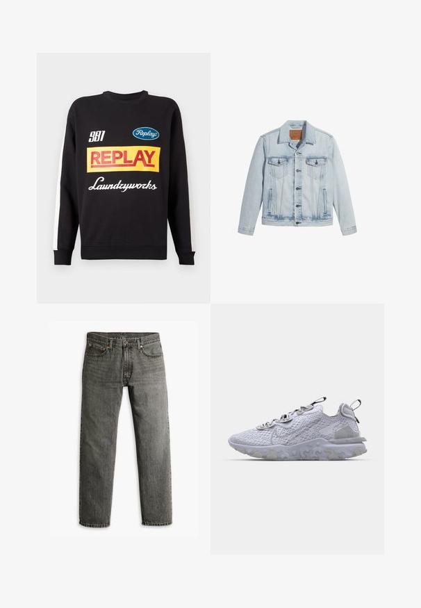 Helle Jeansjacke in Blau mit Knopfverschluss, zwei Brusttaschen und klassischem Kragen. Mit einem lässigen, leicht taillierten Schnitt und einem leicht getragenen Look.; Schwarzer Rundhalspullover mit weißen Streifen an den Ärmeln, auf der Vorderseite mit mehrfarbigen "Replay"- und "Laundryworks"-Textlogos versehen.; Graue Jeans aus Denim mit geradem Bein, klassischem Fünf-Taschen-Design und dezenten Nähten an den Säumen und Taschen.; Hellgrauer Turnschuh mit einem atmungsaktiven Mesh-Obermaterial, strukturiertem Gummisohle und reflektierenden Akzenten. Verfügt über einen gepolsterten Kragen und ein Schnürdesign.