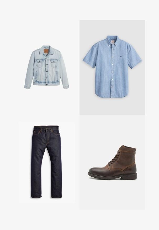 Helle Jeansjacke in Blau mit Knopfverschluss, zwei Brusttaschen und klassischem Kragen. Mit einem lässigen, leicht taillierten Schnitt und einem leicht getragenen Look.; Hellblaues Denim-Kurzarmhemd mit Button-Down-Kragen, vorderen Knöpfen und kleinem Logo auf der linken Brust. Glatte Textur.; Dunkelblaue gerade geschnittene Jeans aus Denim mit fünf Taschen und orangefarbenen Kontrastnähten, flach auf einem weißen Hintergrund ausgelegt.; Jack & Jones JFWDELANEY BOOT - Schnürstiefelette - cognac
