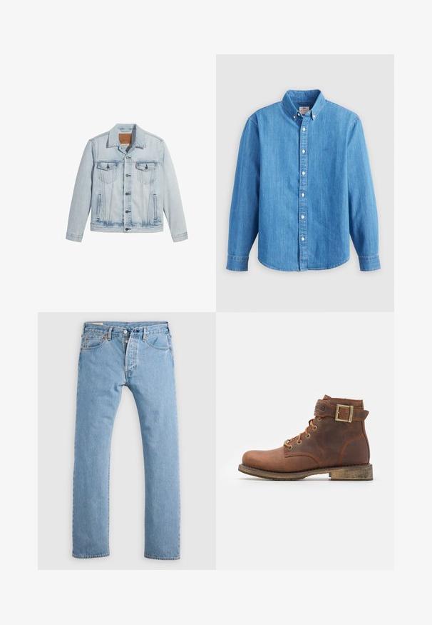 Lichtblauwe denimjasje met knopen aan de voorkant, twee borstzakken en een klassieke kraag. Verweerde details en een licht getailleerde pasvorm.; Lichtblauw denim overhemd met lange mouwen, button-down kraag en witte knopen. Heeft een klein geborduurd logo op de borst.; Lichtblauwe rechte spijkerbroek met knoopsluiting, riemlussen en voor- en achterzakken, weergegeven op een witte achtergrond.; Harley Davidson VNTGMOTO SHORT RIDING APPROVED - Cowboy-/Bikerlaarsjes - brown