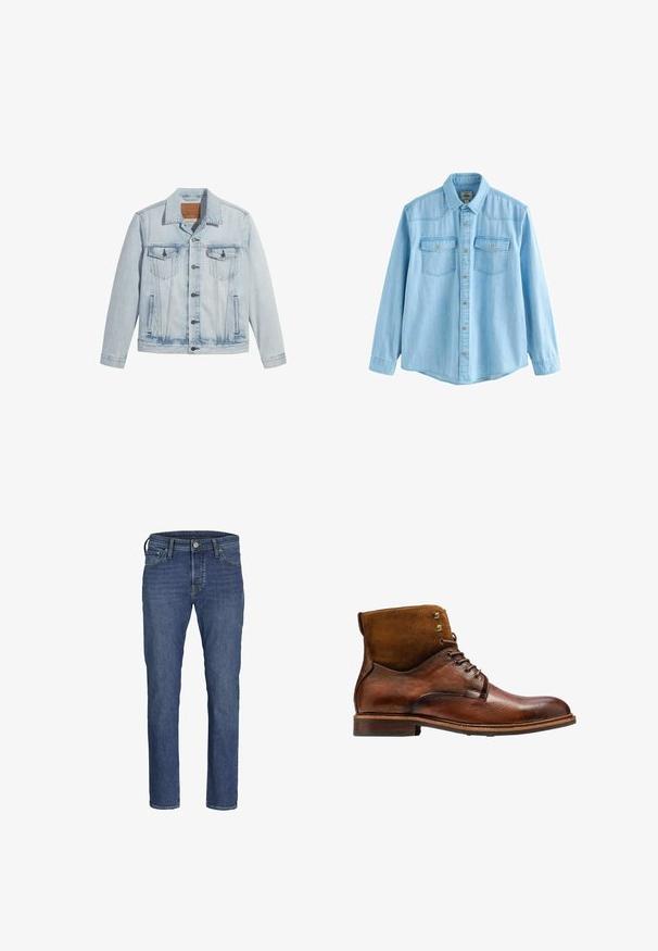 Lyseblå denimjakke med knaplukning, to brystlommer og klassisk krave. Slidte detaljer og en let figursyet pasform.; Lyseblå denimskjorte med lange ærmer, knapper foran og to brystlommer med knaplukning.; Herre blå denim jeans med lige ben-design, fem lommers styling og klassisk knap- og lynlåslukning.; Kazar ALID - Snørestøvletter - brown