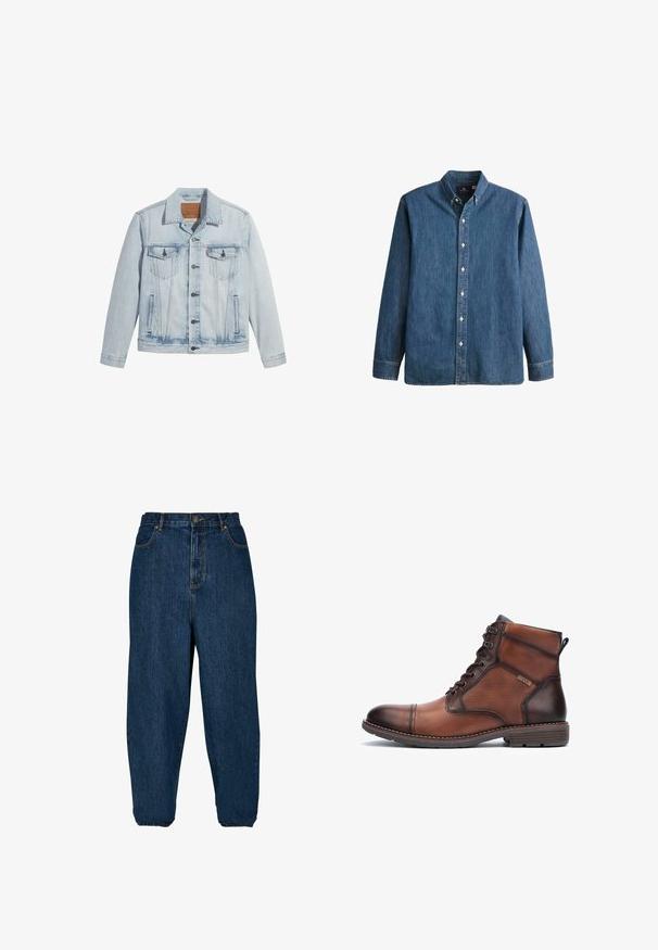 Lyseblå denimjakke med knaplukning, to brystlommer og klassisk krave. Slidte detaljer og en let figursyet pasform.; Denim button-up skjorte i mellemblå, med lange ærmer, spidse kraver, hvide knapper og en tætsiddende pasform med diskret logo broderi.; Mørkeblå denimjeans med en afslappet pasform, høj talje og elastiske manchetter. Har en lukning med knap fortil og fem lommer.; Brune læder- og stof herreankelstøvle med snørebånd, syningsdetaljer, lav hæl og brandlogo på siden.