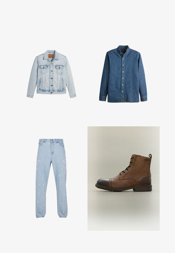 Chaqueta de mezclilla azul claro con cierre de botones, dos bolsillos en el pecho y cuello clásico. Detalles desgastados y una forma ligeramente ajustada.; Camisa de mezclilla de botón en azul medio, con mangas largas, collar puntiagudo, botones blancos y un corte ajustado con un sutil bordado de logo.; Jeans de mezclilla azul claro con un ajuste relajado, que cuentan con recortes en forma de estrella, manchas de pintura y un diseño clásico de cinco bolsillos.; Bota de cuero marrón con cordones hasta el tobillo, puntera negra, suela redonda y detalle de marca en el lateral sobre un fondo liso.