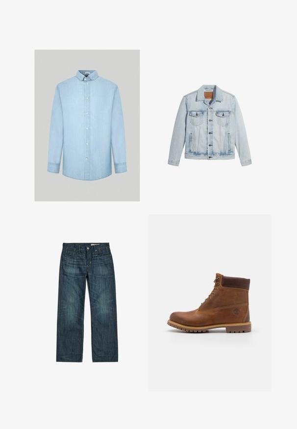 Helle Jeansjacke in Blau mit Knopfverschluss, zwei Brusttaschen und klassischem Kragen. Mit einem lässigen, leicht taillierten Schnitt und einem leicht getragenen Look.; Helle blaue Jeanshemd mit langen Ärmeln, knöpfbarem Kragen, vorderen Knöpfen und einer glatten, gleichmäßigen Textur. Keine Muster oder zusätzlichen Akzente.; Dunkelblaue Jeans mit geradem Bein, vorderem Knopf- und Reißverschluss, fünf Taschen und dezenten, ausgeblichenen Falten an Oberschenkeln und Knien.; Braune Lederwanderschuhe mit glatter Oberfläche, gepolstertem Knöchel, Metallösen und einer Gummisohle mit robustem Profil.