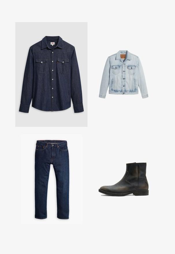 Lyseblå denimjakke med knaplukning, to brystlommer og klassisk krave. Slidte detaljer og en let figursyet pasform.; Mørkeblå denimskjorte med spids krave, trykknapper og brystlommer. Har syningsdetaljer og lange ærmer.; Person iført mørkeblå straight-leg jeans, hvide sneakers og en olivengrøn sweatshirt, hænder i lommerne, står mod en grå baggrund.; AllSaints LANG - Støvletter - brown