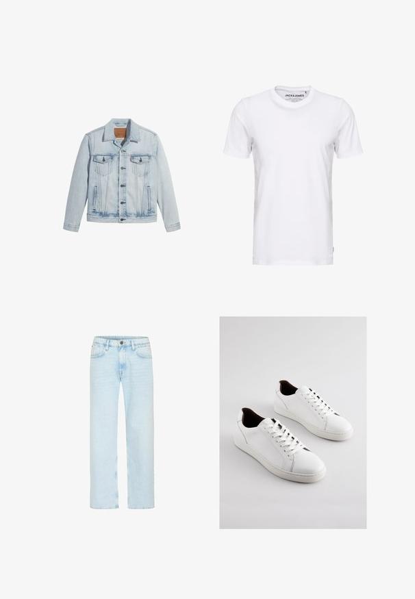 Chaqueta de mezclilla azul claro con cierre de botones, dos bolsillos en el pecho y cuello clásico. Detalles desgastados y una forma ligeramente ajustada.; Camiseta de manga corta blanca, hecha de algodón, con cuello redondo y un diseño sencillo. Etiqueta de la marca visible en la zona del cuello. Sin patrones ni detalles.; Los jeans de denim azul claro cuentan con un diseño de pierna recta, con un cierre de botón clásico, cinco bolsillos y un ligero desgastado para aportar textura.; Zapatillas de cuero blanco con perfil bajo, lados perforados, cordones planos y un forro interior marrón contrastante. Suela de goma con patrón texturizado.