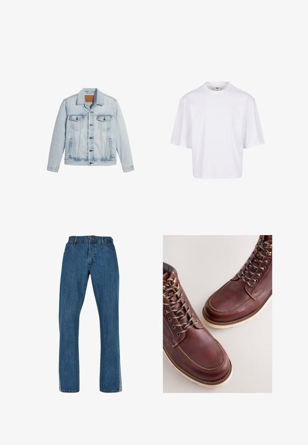 Veste en denim bleu clair avec un devant à boutons, deux poches poitrine et un col classique. Détails usés et forme légèrement ajustée.; T-shirt blanc à manches courtes avec un col rond et une coupe décontractée, fabriqué à partir d'un tissu en coton mélangé doux. Aucun motif ni embellissement.; Jean en denim bleu avec une coupe droite, présentant un design classique à cinq poches, une fermeture à bouton et à glissière à l'avant, et des coutures visibles.; Bottes en cuir marron à finition lisse, dotées d'œillets métalliques, de lacets gris et d'une semelle en caoutchouc de couleur crème. Détails de coutures le long des bords.