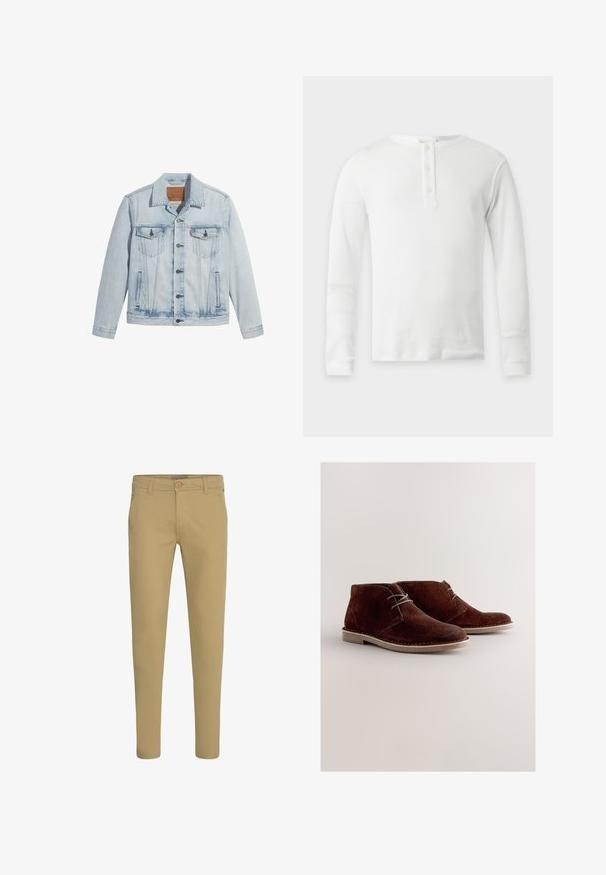 Chaqueta de mezclilla azul claro con cierre de botones, dos bolsillos en el pecho y cuello clásico. Detalles desgastados y una forma ligeramente ajustada.; Camiseta térmica blanca de manga larga con cuello redondo y tapeta de tres botones, presentada plana sobre un fondo claro.; Pantalones chinos beige de corte ajustado con cierre de botón y cremallera, bolsillos delanteros inclinados y trabillas para cinturón, mostrados sobre fondo blanco.; Botines de ante marrón con punta redondeada, cordones grises y suela de goma de color claro. Diseño sencillo con detalles de costuras.