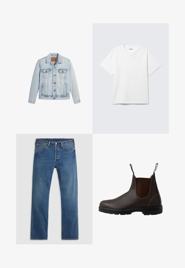 Helle Jeansjacke in Blau mit Knopfverschluss, zwei Brusttaschen und klassischem Kragen. Mit einem lässigen, leicht taillierten Schnitt und einem leicht getragenen Look.; Weißes T-Shirt mit kurzen Ärmeln und Rundhalsausschnitt, flach liegend, schlichtes Design, mit „WEEKDAY“-Etikett innen im Kragen auf hellem Hintergrund.; Blaue geradlinige Jeans aus Denim mit fünf Taschen, Gürtelschlaufen sowie einem Verschluss mit Knopf und Reißverschluss auf einem schlichten Hintergrund.; Brauner Chelsea-Stiefel aus Leder mit elastischem Seiteneinsatz, brauner Naht, Zuglaschen und einer strapazierfähigen Gummisohle mit strukturiertem Muster.