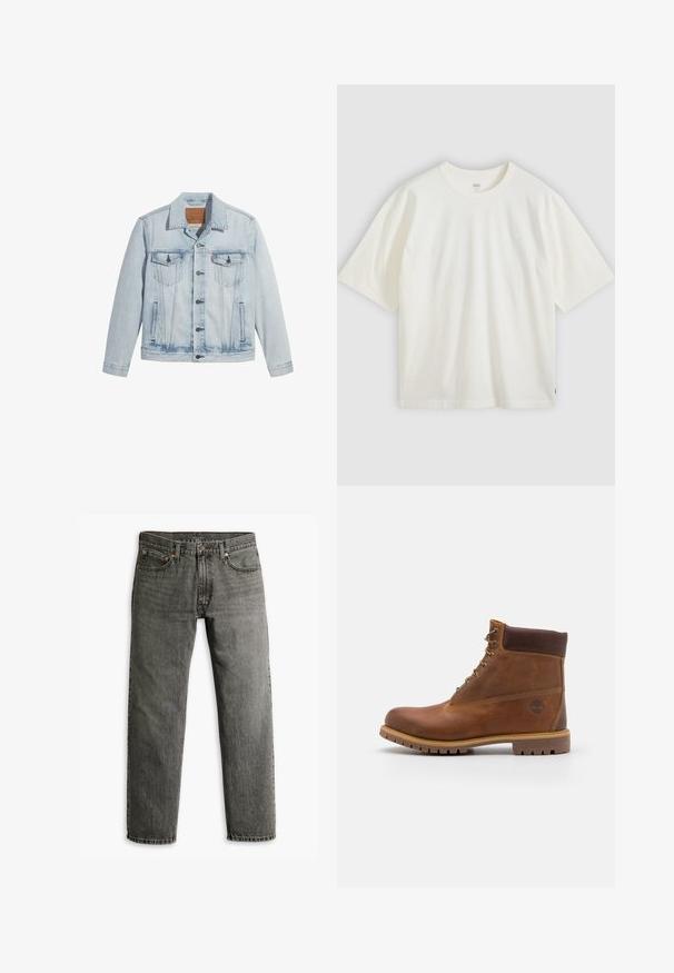 Veste en denim bleu clair avec un devant à boutons, deux poches poitrine et un col classique. Détails usés et forme légèrement ajustée.; T-shirt blanc à manches courtes en coton. Col rond, coupe décontractée, marquage discret sur la poitrine et une étiquette rouge à l'ourlet.; Jean en denim gris avec une coupe droite, style classique à cinq poches et des détails de couture subtils sur les coutures et les poches.; Botte de randonnée en cuir marron avec une finition lisse, cheville rembourrée, œillets en métal et semelle en caoutchouc dotée d'un motif de crampons robuste.