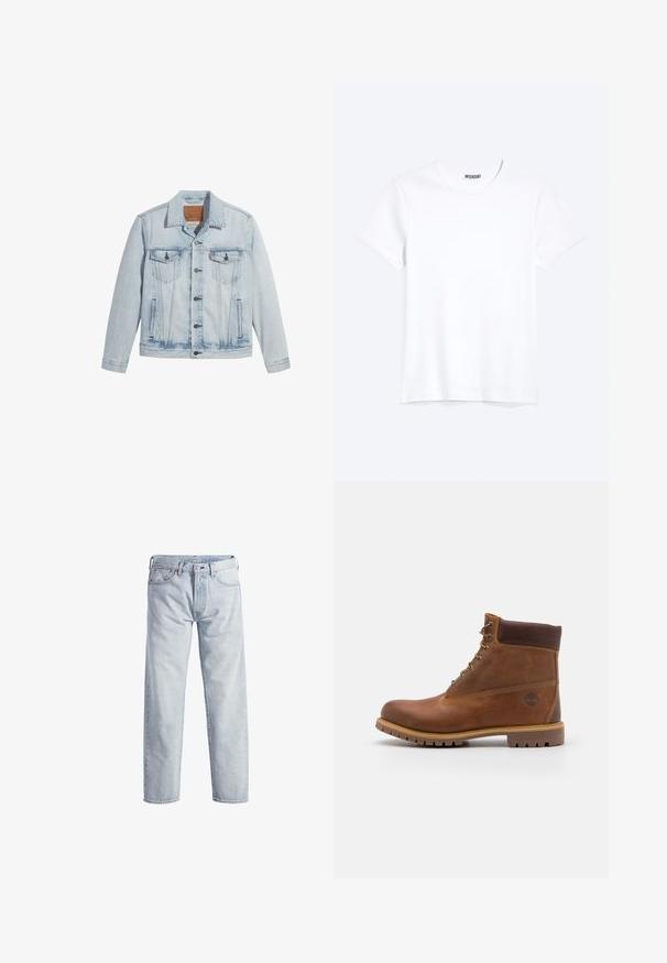 Helle Jeansjacke in Blau mit Knopfverschluss, zwei Brusttaschen und klassischem Kragen. Mit einem lässigen, leicht taillierten Schnitt und einem leicht getragenen Look.; Schlichtes weißes T-Shirt mit kurzen Ärmeln und Rundhalsausschnitt mit gut sichtbarem WEEKDAY-Label am Kragen, dargestellt auf hellem Hintergrund.; Hellblaue Denim-Jeans mit geradem Bein, Knopfleiste, fünf Taschen und subtilen Verwaschungen. Mit metallischen Hardware-Details ausgestattet.; Braune Lederwanderschuhe mit glatter Oberfläche, gepolstertem Knöchel, Metallösen und einer Gummisohle mit robustem Profil.