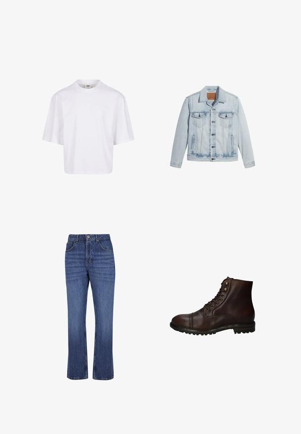 Lyseblå denimjakke med knaplukning, to brystlommer og klassisk krave. Slidte detaljer og en let figursyet pasform.; Hvid t-shirt med korte ærmer, der har en rund halsudskæring og en afslappet pasform, lavet af et glat bomuldsblandingsstof. Ingen mønstre eller udsmykninger.; Blå straight-leg denim jeans med fem lommer, knaplukning og bæltestropper, der viser subtil falmning på lårene.; Mørkebrun læder snørebånd ankelstøvle med robuste gummisål og metaløjer, set fra den ydre side.