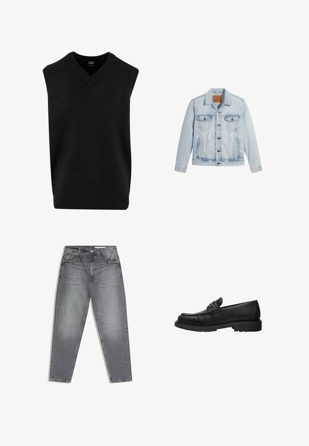Lyseblå denimjakke med knaplukning, to brystlommer og klassisk krave. Slidte detaljer og en let figursyet pasform.; Sort ærmeløs sweater med V-hals, lavet af blødt materiale, med ribbet halsudskæring og kant. Enkel, klassisk design.; Grå denimjeans med høj talje, falmet detalje, fem lommer samt lukning med knap og lynlås.; Sort læderloafer med syninger på toppen, nitter på remmen og tyk gummisål, vist i profil på hvid baggrund.