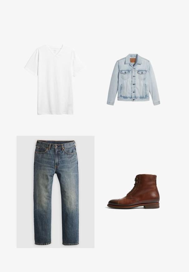 Lyseblå denimjakke med knaplukning, to brystlommer og klassisk krave. Slidte detaljer og en let figursyet pasform.; Hvid kortærmet v-hals t-shirt lavet af bomuld. Har en afslappet pasform og en glat tekstur uden synlige mønstre eller grafik.; Blå, falmede lige ben denim jeans med forlommer, bæltestropper, knap og lynlås lukning på en lys baggrund.; Brune læder ankelstøvler med en rund tå, 6 øjer og en glat tekstureret overflade. Har en lav stablet hæl og kontrasterende syning.