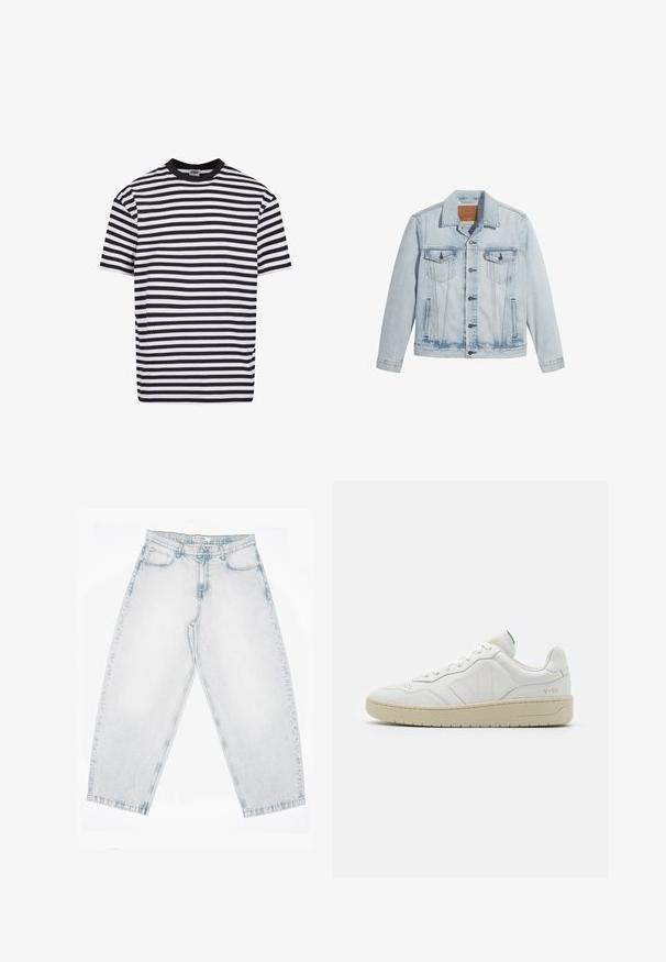Lyseblå denimjakke med knaplukning, to brystlommer og klassisk krave. Slidte detaljer og en let figursyet pasform.; Sort og hvid horisontalt stribet kortærmet t-shirt med en sort krave, mærket Urban Classics, størrelse medium.; Lyseblå denimjeans med høj talje, lige brede ben, knap- og lynlåslukning samt lommer foran og bagpå.; Hvide lædersneakers med struktureret overflade og polstret krave. Har en beige gummisål og diskret branding på hælen og siden.