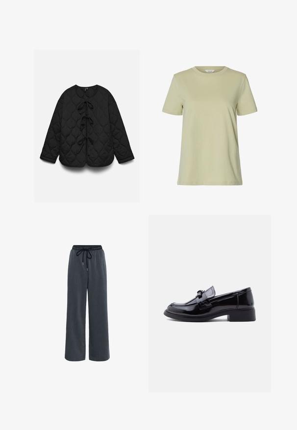 Veste matelassée noire à manches longues avec trois nœuds à l'avant et encolure arrondie, présentée à plat sur fond blanc.; T-shirt en coton vert clair à manches courtes, col rond et ourlet droit, présenté sur fond blanc.; Kaffe KANEVIL - Pantalon classique - dark grey melange; Mocassin en cuir verni noir à talon bloc avec détail de bride décorative, présenté en profil latéral sur fond blanc.