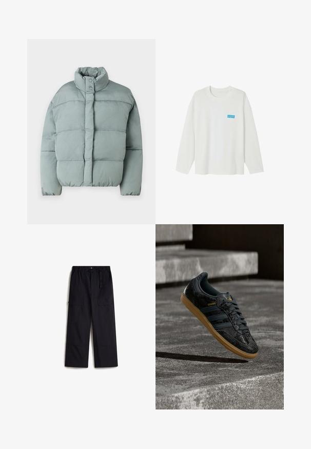 Lys grøn dunjakke med stående krave, trykknaplukninger og horisontalt quiltet tekstur. Blødt stof, lidt oversized pasform.; Hvid langærmet skjorte lavet af bomuld. Har en rund halsudskæring og en lille blå "AMERICAN VINTAGE"-logo på venstre brystområde.; Sorte cargo bukser med elastisk talje, justerbart bælte og to sidelommer. Fremstillet af et let, struktureret stof.; Sort Adidas Samba-sneaker med struktureret mønster, gummisål og guldlogo, placeret i luften over betontrin.