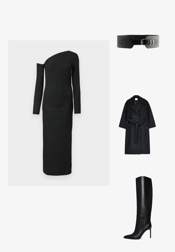 Dunkelgrauer, doppelt geknöpfter Wollmantel mit Reverskragen, Gürtel, zwei Fronttaschen und strukturiertem Finish.; Schwarzes, eng anliegendes Langarmkleid mit asymmetrischem Ausschnitt und gerafftem Seitendetail, aus geripptem Stoff gefertigt.; Knöchelhohe schwarze Leder-Stiletto-Stiefel mit spitzem Zeh. Glatte Textur, strukturiertes Design und schmaler hoher Absatz. Keine sichtbaren Beschläge oder Muster.; Schwarzer Leder-Gürtel mit einem breiten Band, ausgestattet mit einer doppelten Schnalle in Goldtönen und mehreren Löchern zur anpassbaren Größenverstellung. Glatte Textur und klares Design.