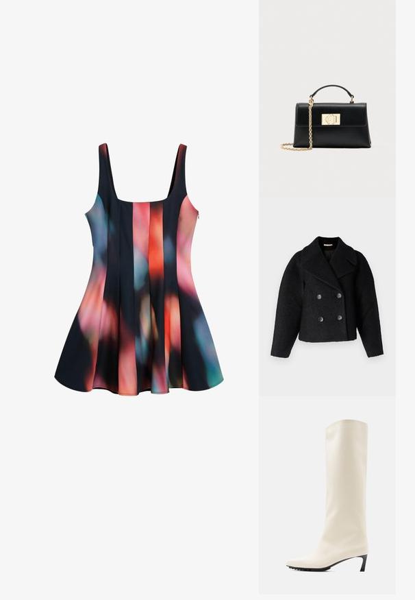 Rue de Femme MARION - Jas - black; Zwarte jurk met kleurrijk abstract patroon in tinten van rood, blauw en roze. Flared zoom, ronde halslijn en verstelbare bandjes.; Witte laars tot aan de knie, gemaakt van glad materiaal met een spits toelopende neus en een slanke zwarte hak. Heeft een strak ontwerp en minimale branding.; Zwarte leren handtas met een gestructureerde vorm, voorzien van een bovenhandgreep en een kettingriem met goudkleurige schakels. Decoratieve gouden hardware met logodetail.
