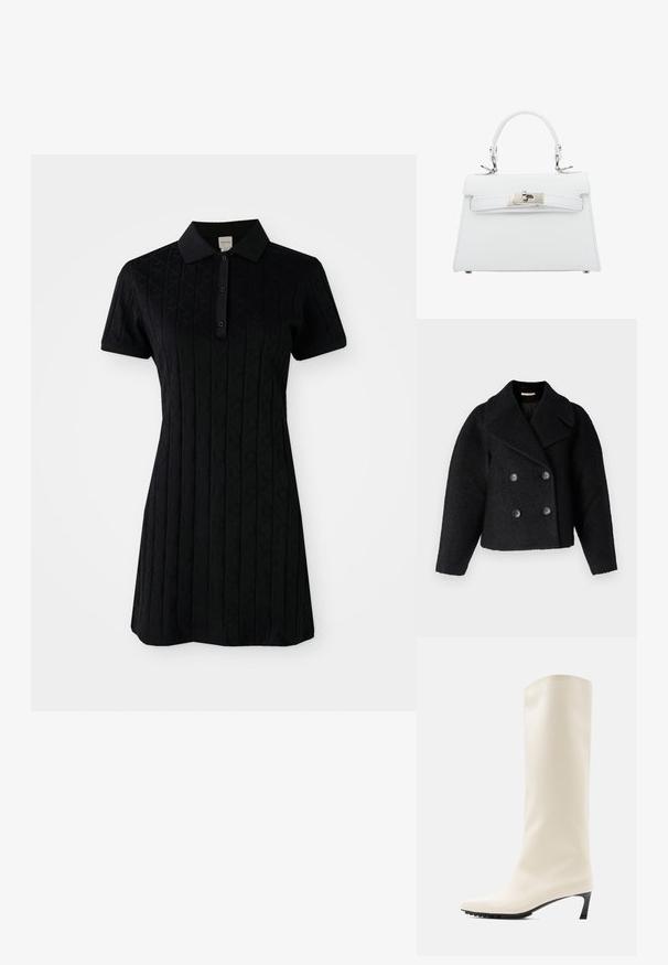Rue de Femme MARION - Jas - black; Zwarte poloshirtjurk met korte mouwen, voorzien van een kraag en een gestructureerd patroon van diamanten en cirkels. Knoopsluiting bij de hals.; Witte laars tot aan de knie, gemaakt van glad materiaal met een spits toelopende neus en een slanke zwarte hak. Heeft een strak ontwerp en minimale branding.; Witte leren handtas met een gestructureerd ontwerp, handvat aan de bovenkant en zilveren hardware, voorzien van een gesp-sluiting en subtiele stiksels.