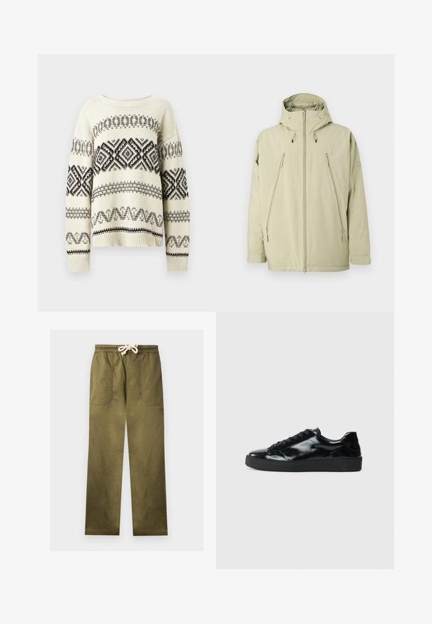 Veste imperméable beige clair avec capuche. Caractéristiques de poches zippées, fermeture éclair à l'avant et finition texturée. Design simple.; Pull en tricot crème avec des motifs géométriques noirs. Il dispose d'un col rond, de manches tombantes et d'un ourlet et de poignets côtelés.; Pantalon décontracté vert olive avec une taille élastique et un cordon blanc, doté de grandes poches plaquées devant.; Baskets en cuir verni noir avec un bout arrondi, un laçage, une semelle en caoutchouc texturé et une finition lisse.