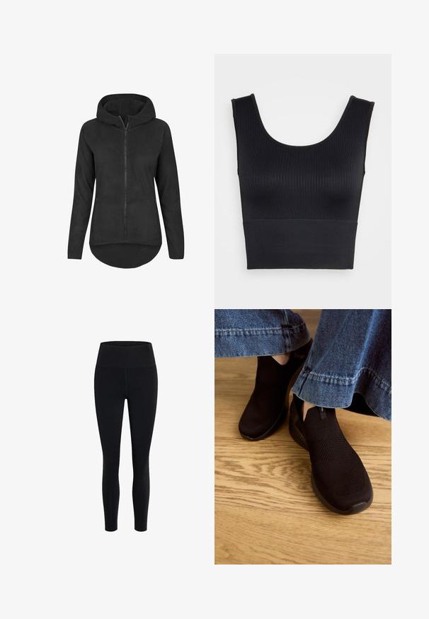 Zwarte hoodie met ritssluiting, lange mouwen, voorzakken en een afgeronde zoom, afgebeeld op een witte achtergrond.; By Malene Birger ESSENTIALS JAZMIN - Blouse - svart; Girlfriend Collective FLOAT HIGH RISE LEGGING 7/8 - Tights - black; Zwarte instapschoenen met een getextureerde gebreide bovenkant en elastische opening. Rond toelopende vorm en een lage, gevoerde zool, gedragen met een denim zoom.