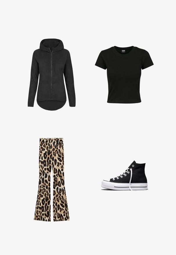 Sweat à capuche noir zippé avec manches longues, poches avant et un ourlet arrondi, présenté sur fond blanc.; T-shirt noir à manches courtes en coton lisse, avec un col rond et une coupe ajustée. Aucun motif ou accent visible.; Pantalons évasés avec un motif léopard dans des tons de noir et de marron, texture côtelée et une taille haute.; Baskets montantes en toile noire avec semelle en caoutchouc blanche et lacets blancs, vues de côté sur un fond blanc.