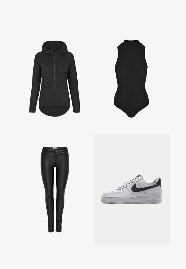 Sudadera negra con cremallera, mangas largas, bolsillos delanteros y dobladillo redondeado, mostrada sobre un fondo blanco.; Bodysuit negro sin mangas de canalé con cuello alto y silueta ajustada.; Pantalones de imitación de cuero negros de corte ajustado, con cierre de botón en la parte delantera, cremallera y pasadores para cinturón, exhibidos sobre un fondo blanco.; Zapatilla blanca de cuero con detalles en gris, punta redonda, superficie texturizada, cuello acolchado y logotipo de swoosh negro en contraste. Suela con amortiguación de aire.