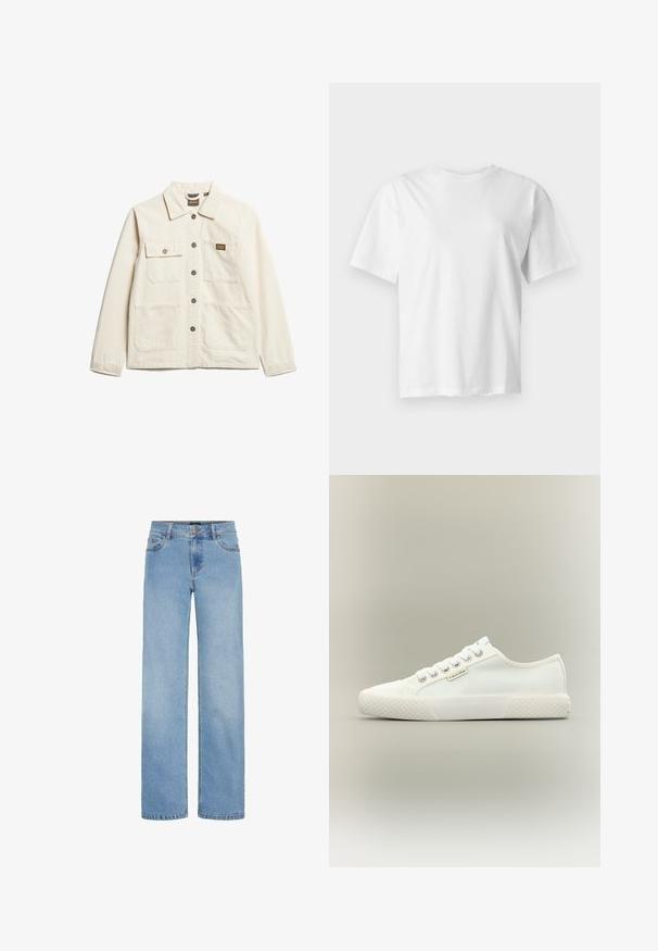 Beige katoenen jack met een kraag, sluiting met knopen aan de voorkant en twee borstzakken, met een klein merkembleem en een relaxte pasvorm.; Effen wit T-shirt met korte mouwen en ronde hals, plat weergegeven op een lichtgrijze achtergrond.; Lichtblauwe, wijde jeans gemaakt van denim. Voorzien van een standaard tailleband, voorzakken en een ritssluiting met knoopsluiting.; Witte lage canvas sneaker met een getextureerde rubberen zool, witte veters en een klein Calvin Klein-label aan de zijkant.