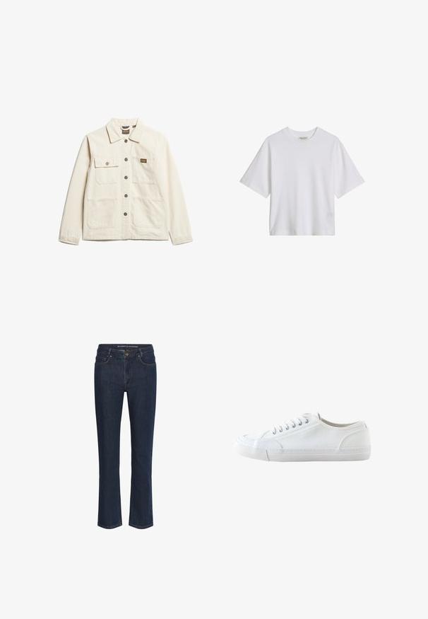 Beige katoenen jack met een kraag, sluiting met knopen aan de voorkant en twee borstzakken, met een klein merkembleem en een relaxte pasvorm.; Wit katoenen T-shirt met korte mouwen en een ronde hals, losse pasvorm, effen voorkant met zichtbare kraaglabel tegen een effen achtergrond.; Donkerblauwe rechte spijkerbroek met voorzakken, riemlussen en knoopsluiting.; Witte lage canvas sneaker met witte veters en rubberen zool, gezien van opzij op een witte achtergrond.