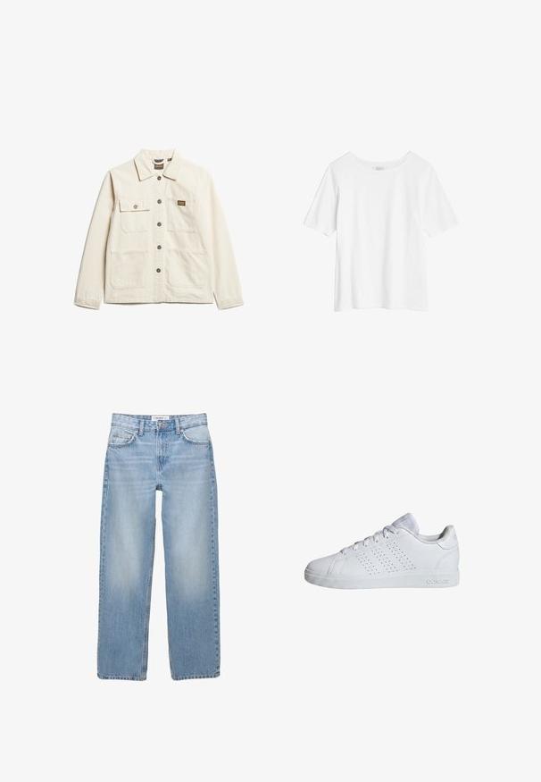 Veste en coton beige avec un col, fermeture à boutons sur le devant et deux poches poitrine, arborant un petit logo de marque et une coupe décontractée.; Seasalt Cornwall SEASALT CORNWALL POISSON T-SHIRT - T-shirt basique - white - salt; Jean en denim bleu clair avec une coupe droite, style cinq poches et des détails de couture visibles. Le tissu a une texture douce et légèrement décolorée.; Baskets basses blanches Adidas avec lacets, bandes perforées sur le côté et semelle en caoutchouc texturée.