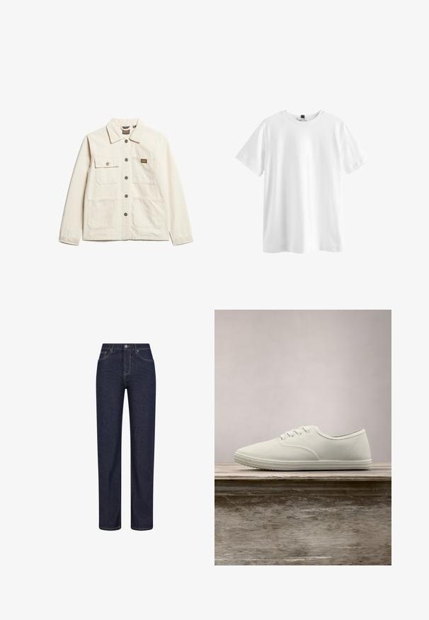 Beige katoenen jack met een kraag, sluiting met knopen aan de voorkant en twee borstzakken, met een klein merkembleem en een relaxte pasvorm.; Effen wit T-shirt met korte mouwen en ronde hals met een zwart label aan de binnenkant van de kraag, plat weergegeven op een witte achtergrond.; Donkerblauwe jeans met rechte pijpen, voorzakken, riemlussen en een knoopsluiting in de taille.; Witte canvas sneakers met een ronde neus, zes veterogen en een gestructureerde rubberen zool, zwevend boven een houten oppervlak met groene gras op de achtergrond.