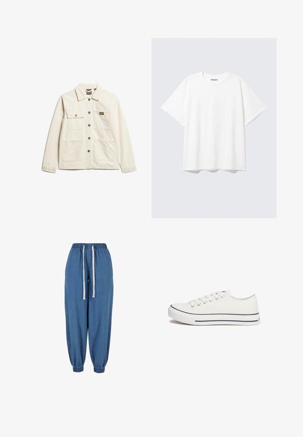 Beige katoenen jack met een kraag, sluiting met knopen aan de voorkant en twee borstzakken, met een klein merkembleem en een relaxte pasvorm.; Witte T-shirt met korte mouwen en een ronde hals, met een relaxte pasvorm en een "WEEKDAY" label aan de binnenkant achter bij de hals.; Blauwe denim joggerbroek met elastische tailleband en boorden, met witte aantrekkoorden in de taille.; Witte canvas sneaker met een ronde neus, vetersluiting aan de voorkant en blauwe gestreepte rand rondom de zool. Minimalistisch ontwerp met een lage profiel.